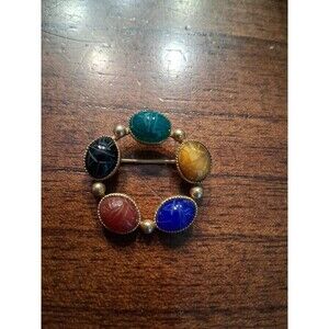 Pin Brooch Signed AMCO 12k GF Egyptian Revival Scarab Carved Gemstone  1"